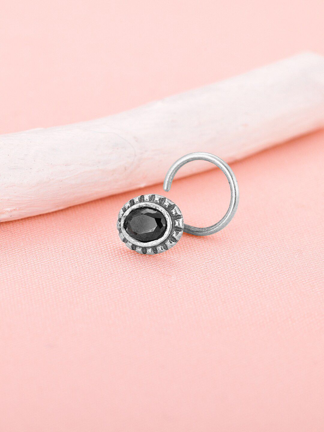 GIVA 92.5 Sterling Silver Oxidised Oval Stone-Studded Nosepin-picture-12