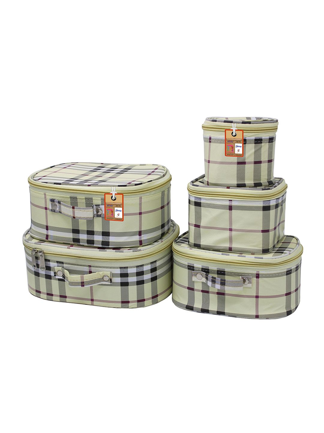 atorakushon Set Of 5 Cream & Black Checked Vanity Makeup Organizer Pouch-image-38