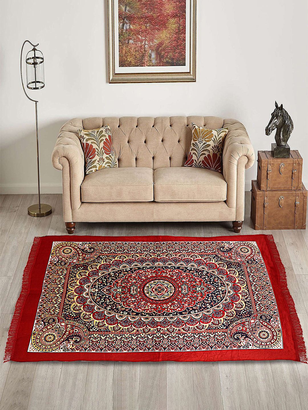 Kuber Industries Red & Black Kalamkari Paisley Pattern Velvet Non Slip Rectangular Carpet-picture-19