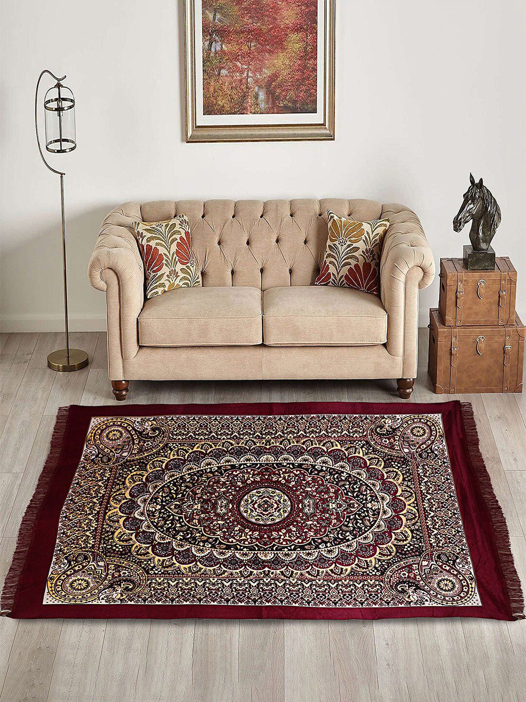 Kuber Industries Maroon & Black Kalamkari Paisley Pattern Velvet Non Slip Rectangular Carpet-picture-45