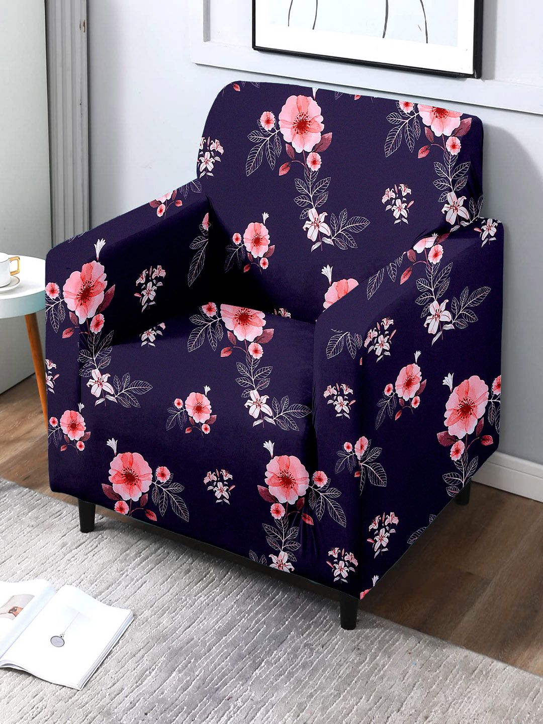 Cortina Navy Blue Floral Printed Single-Seater Sofa Cover-image-31