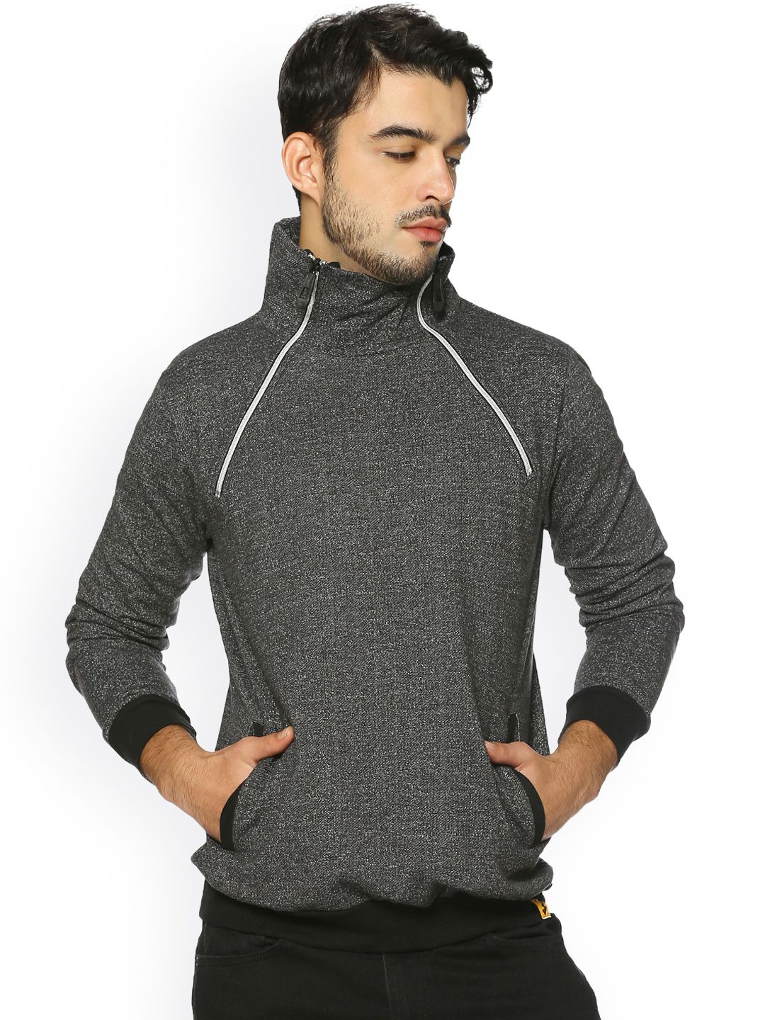 Campus Sutra Men Charcoal Grey Solid Sweatshirt-image-2