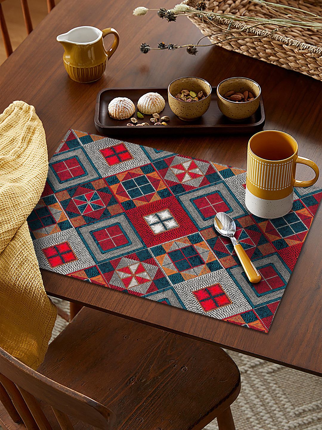 AEROHAVEN Yellow & Red Set Of 4 Geometric Pattern Table Placemats-image-46