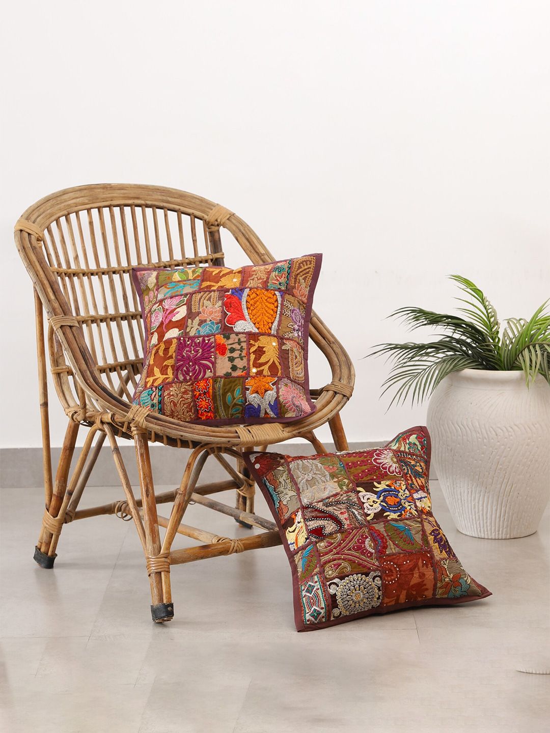 HANDICRAFT PALACE Brown & Red Set of 2 Embroidered Cotton Square Cushion Covers-picture-3