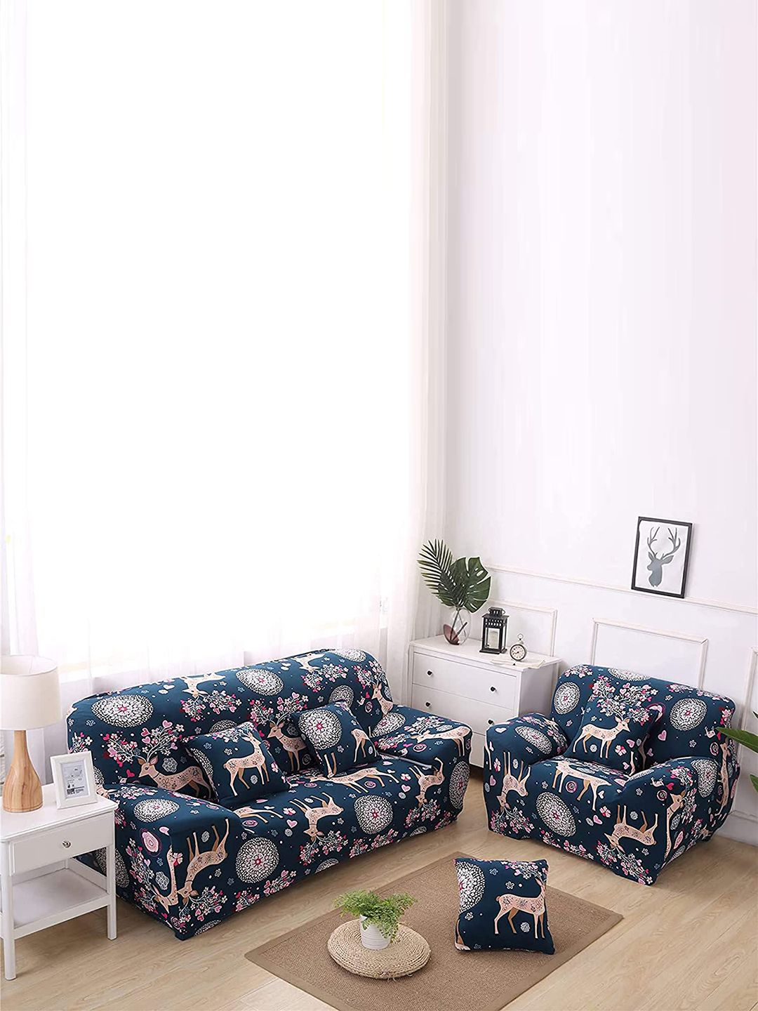 HOUSE OF QUIRK Universal Blue & Pink Printed Stretchable 3-Seater Sofa Slipcover-image-29
