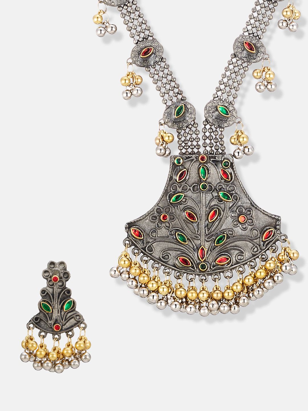 ATIBELLE Silver-Plated Stone-Studded & Pearl Beaded Jewellery Set