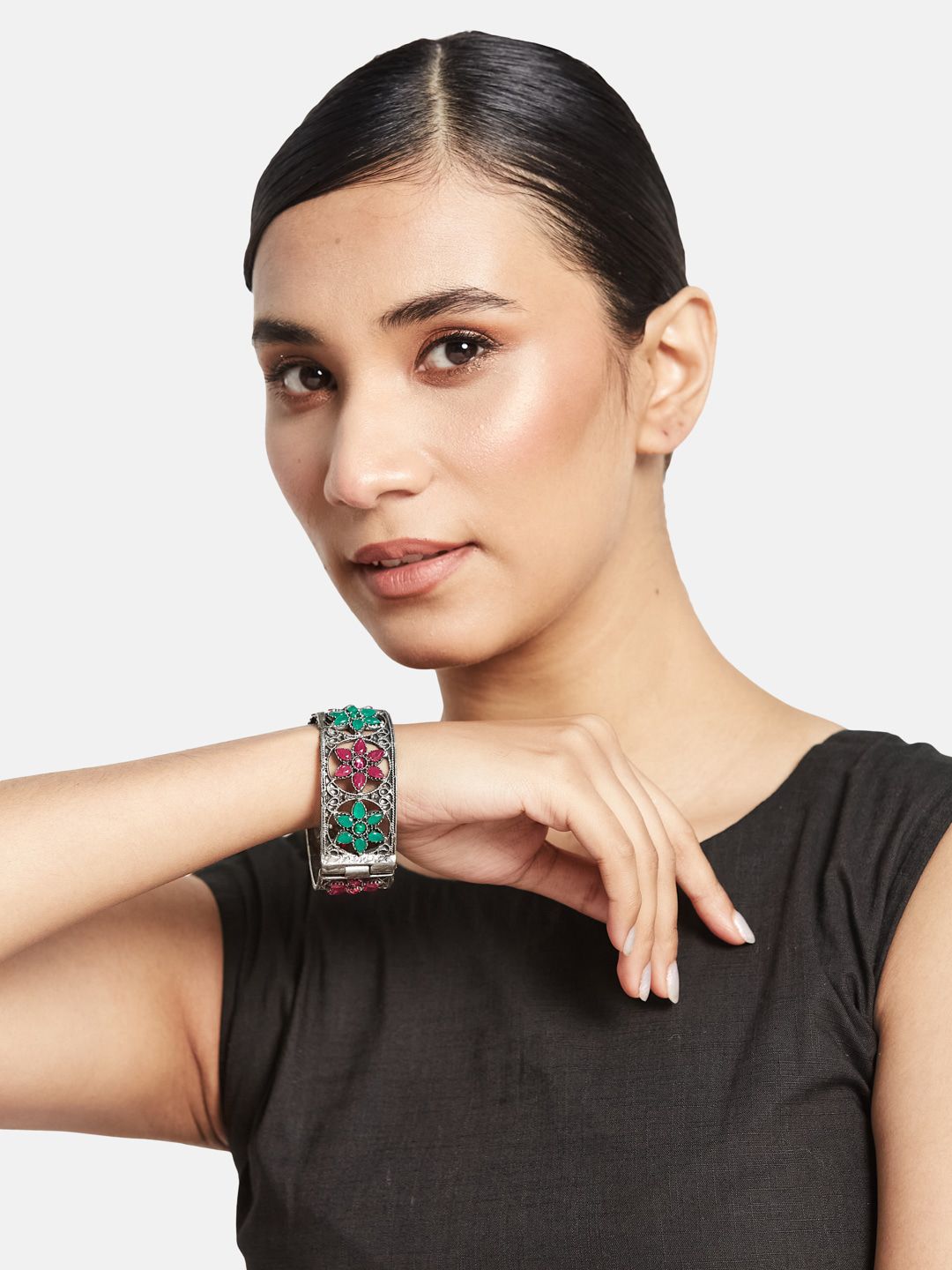 ATIBELLE Silver-Plated Stone-Studded Floral German Silver Oxidised Bangle