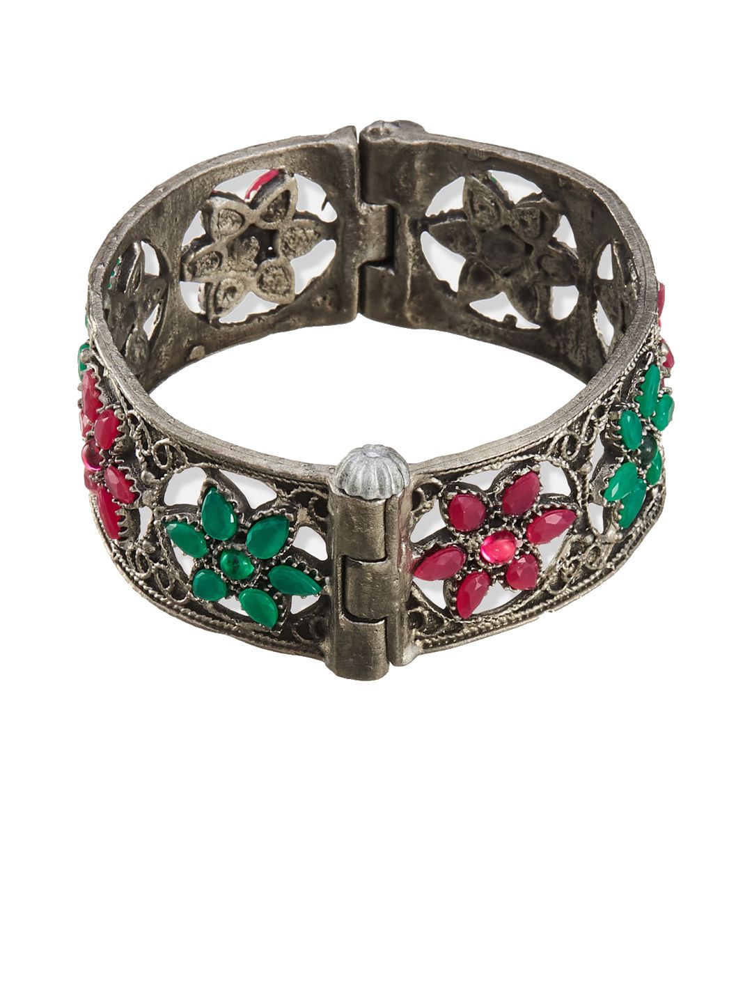 ATIBELLE Silver-Plated Stone-Studded Floral German Silver Oxidised Bangle