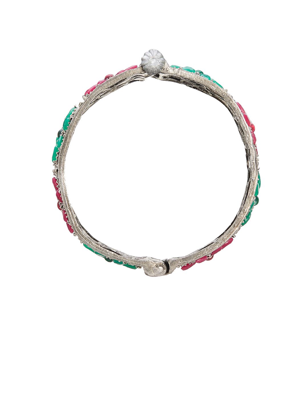 ATIBELLE Silver-Plated Stone-Studded Floral German Silver Oxidised Bangle