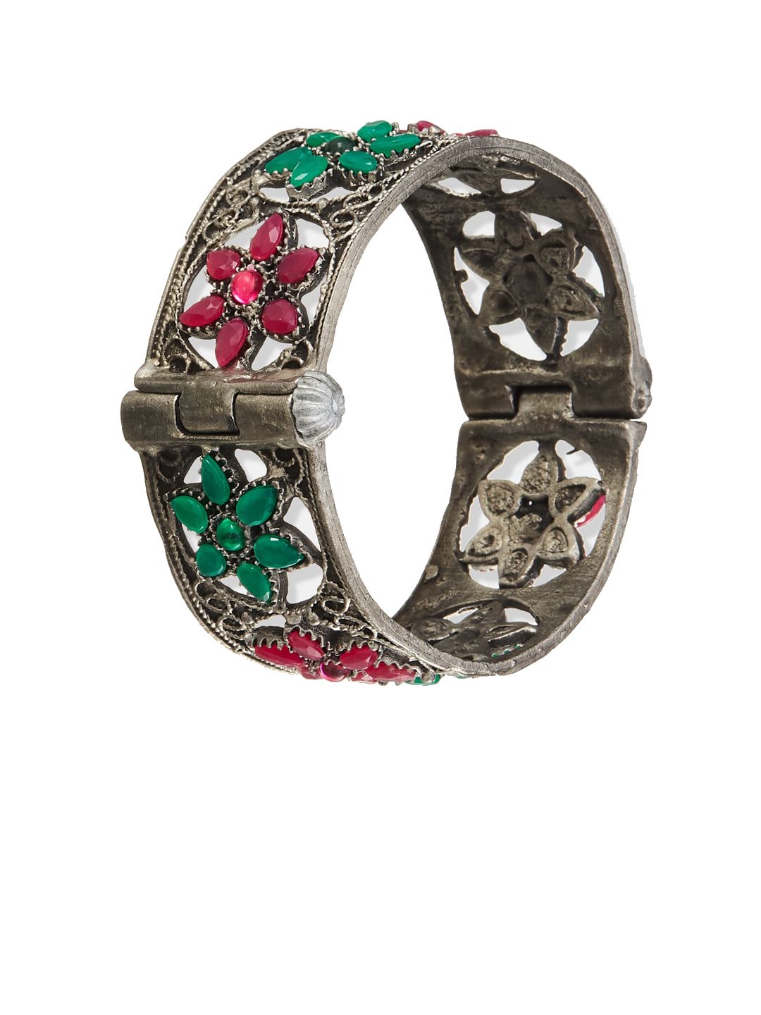 ATIBELLE Silver-Plated Stone-Studded Floral German Silver Oxidised Bangle