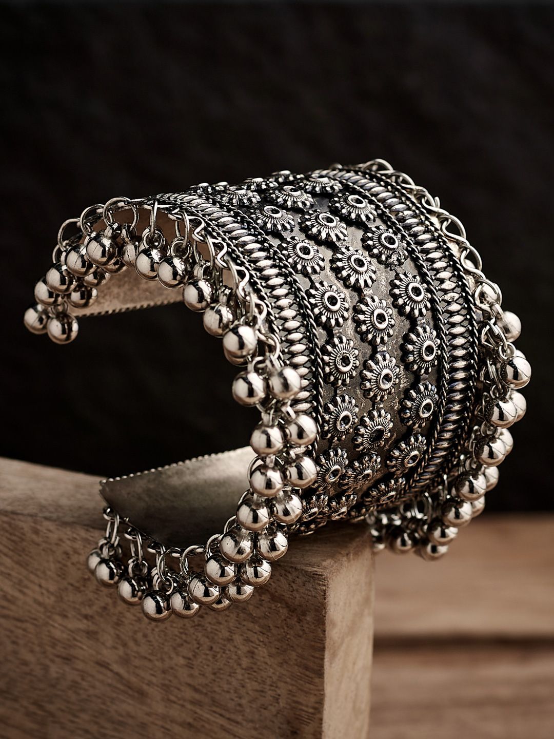 ATIBELLE Silver-Plated Floral Inspired Bangle With Beads Drop