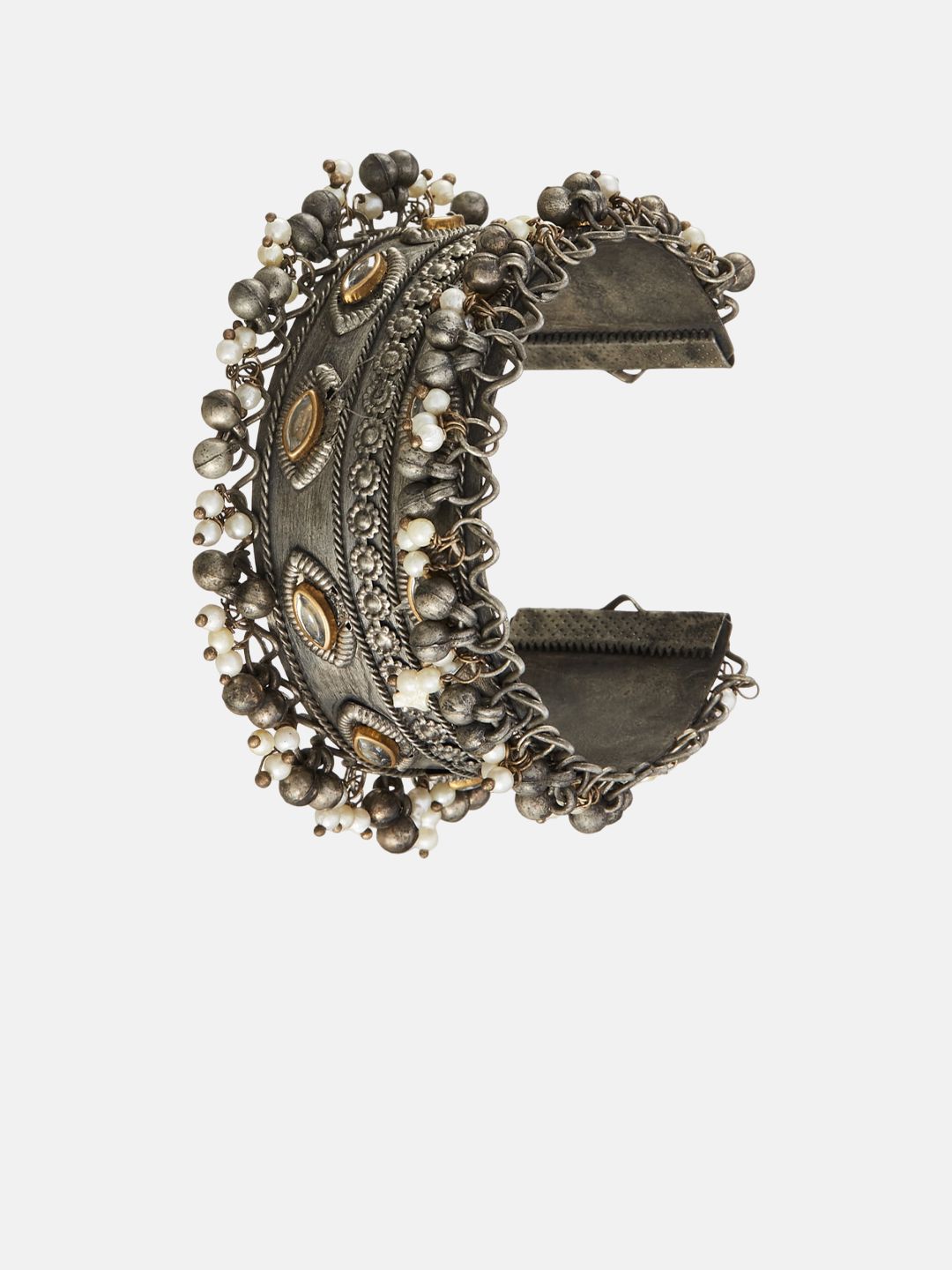 ATIBELLE Silver-Plated Ghunghroo and Beads-Studded Oxidised Bangle