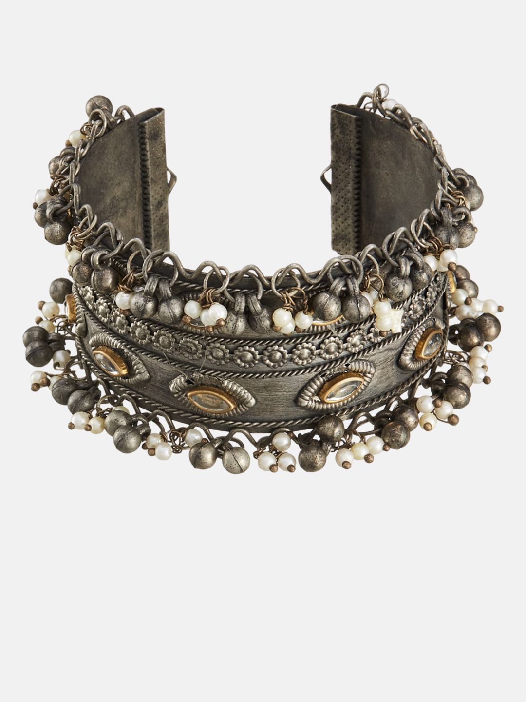 ATIBELLE Silver-Plated Ghunghroo and Beads-Studded Oxidised Bangle