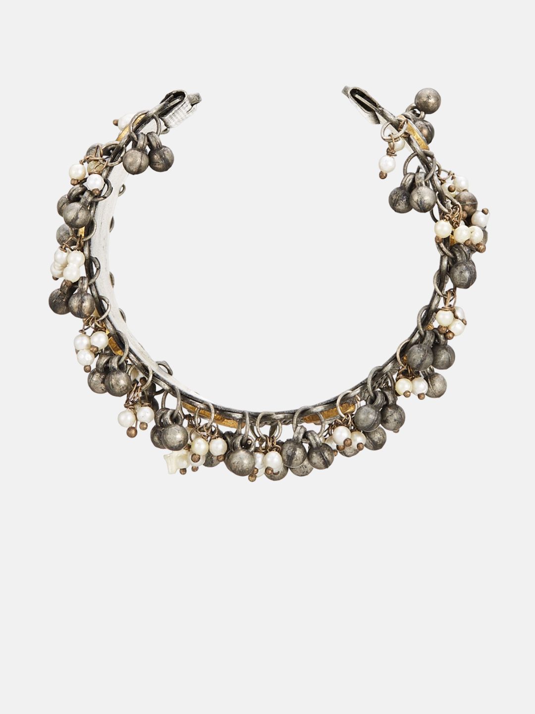 ATIBELLE Silver-Plated Ghunghroo and Beads-Studded Oxidised Bangle