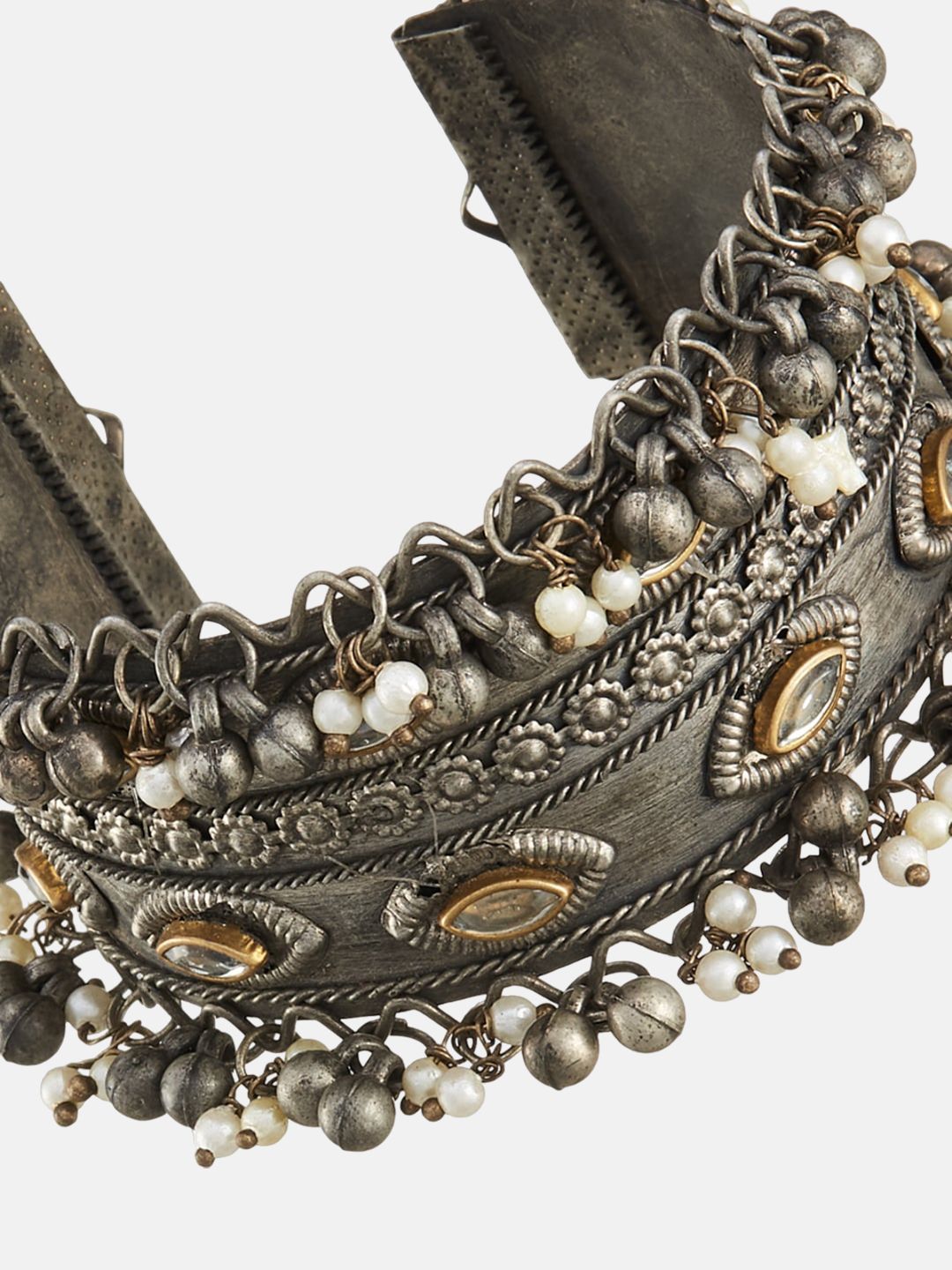 ATIBELLE Silver-Plated Ghunghroo and Beads-Studded Oxidised Bangle