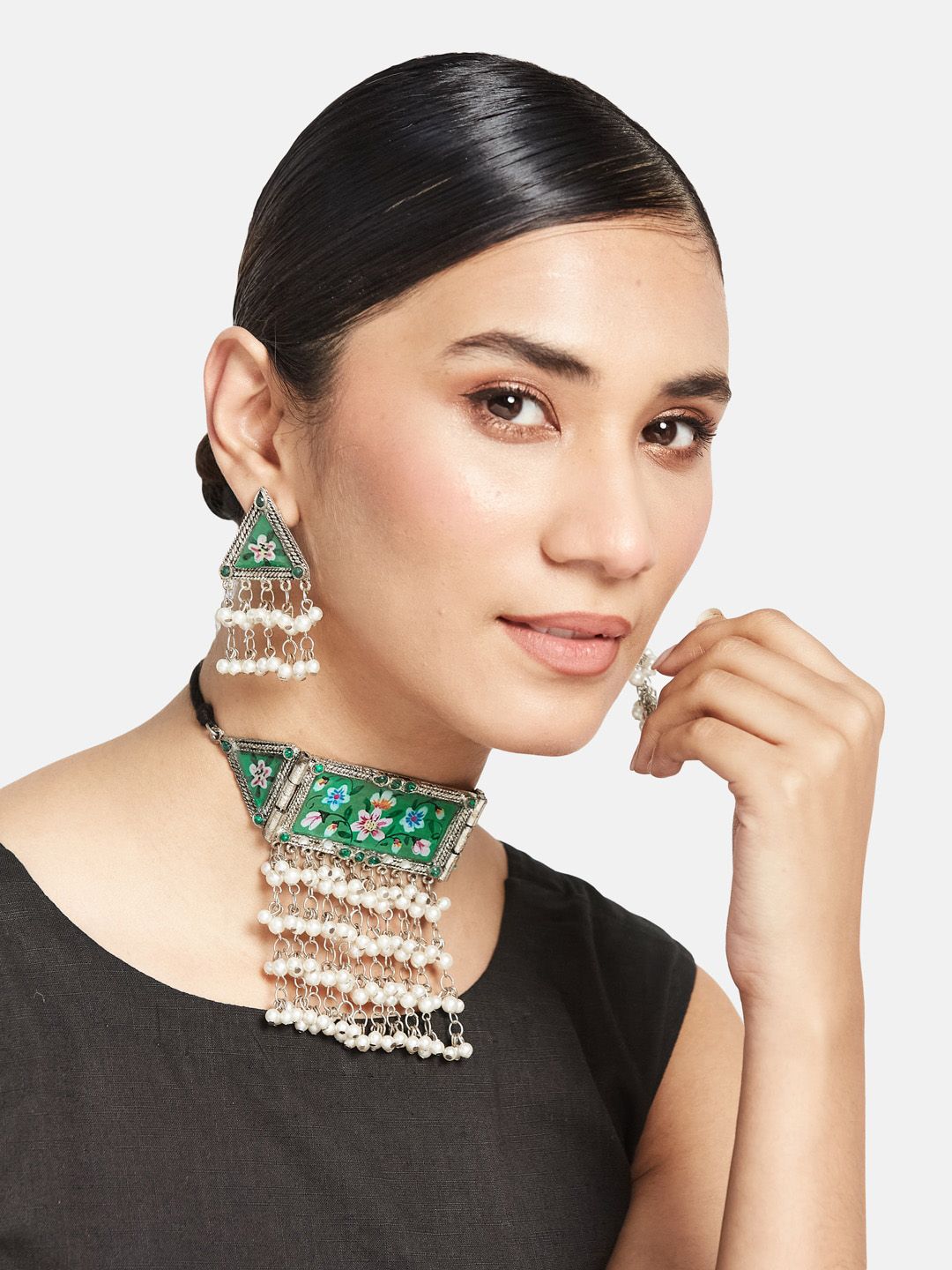 ATIBELLE Silver-Plated Stone-Studded & Pearl Beaded Meenakari Jewellery Set