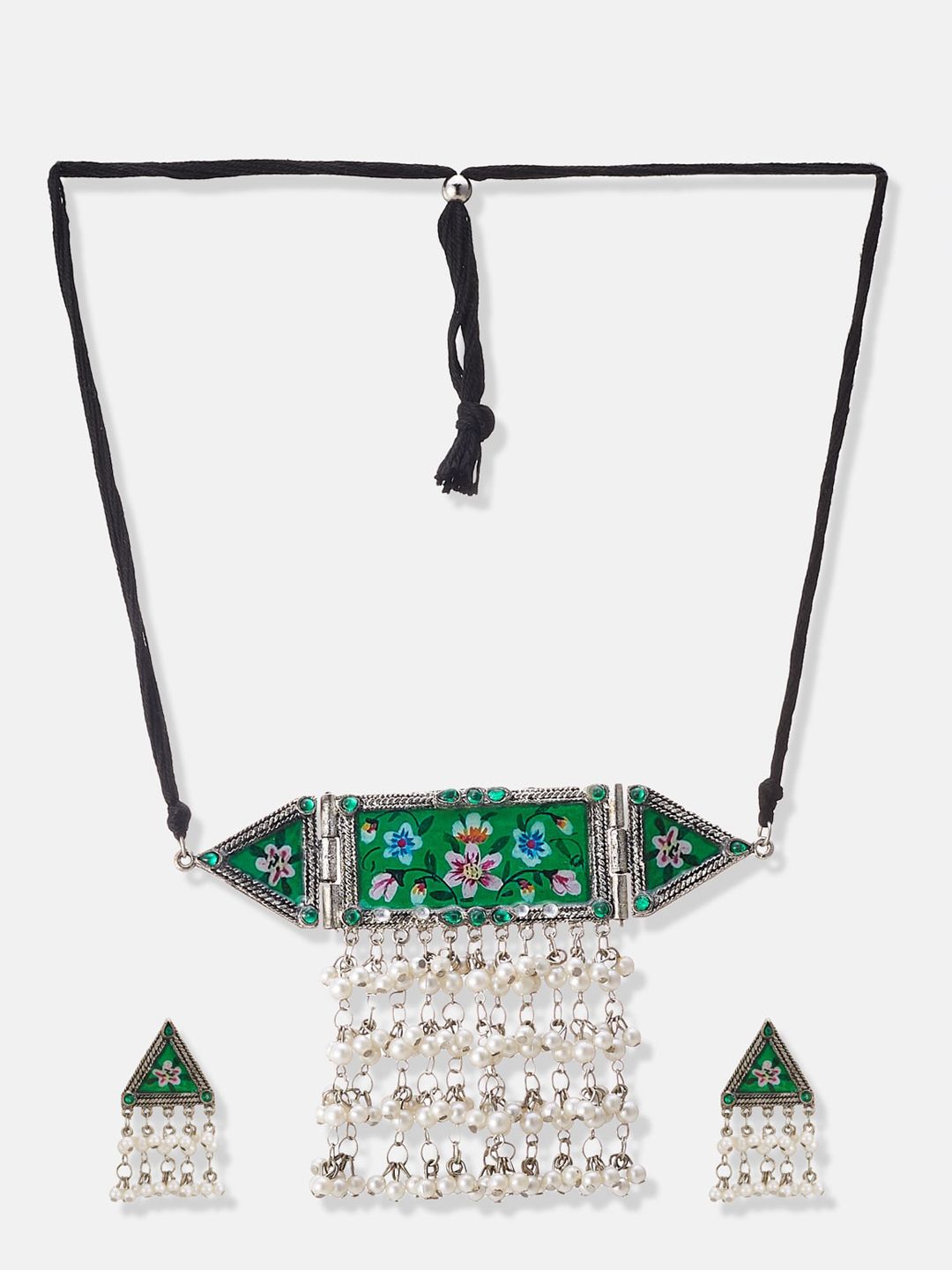 ATIBELLE Silver-Plated Stone-Studded & Pearl Beaded Meenakari Jewellery Set