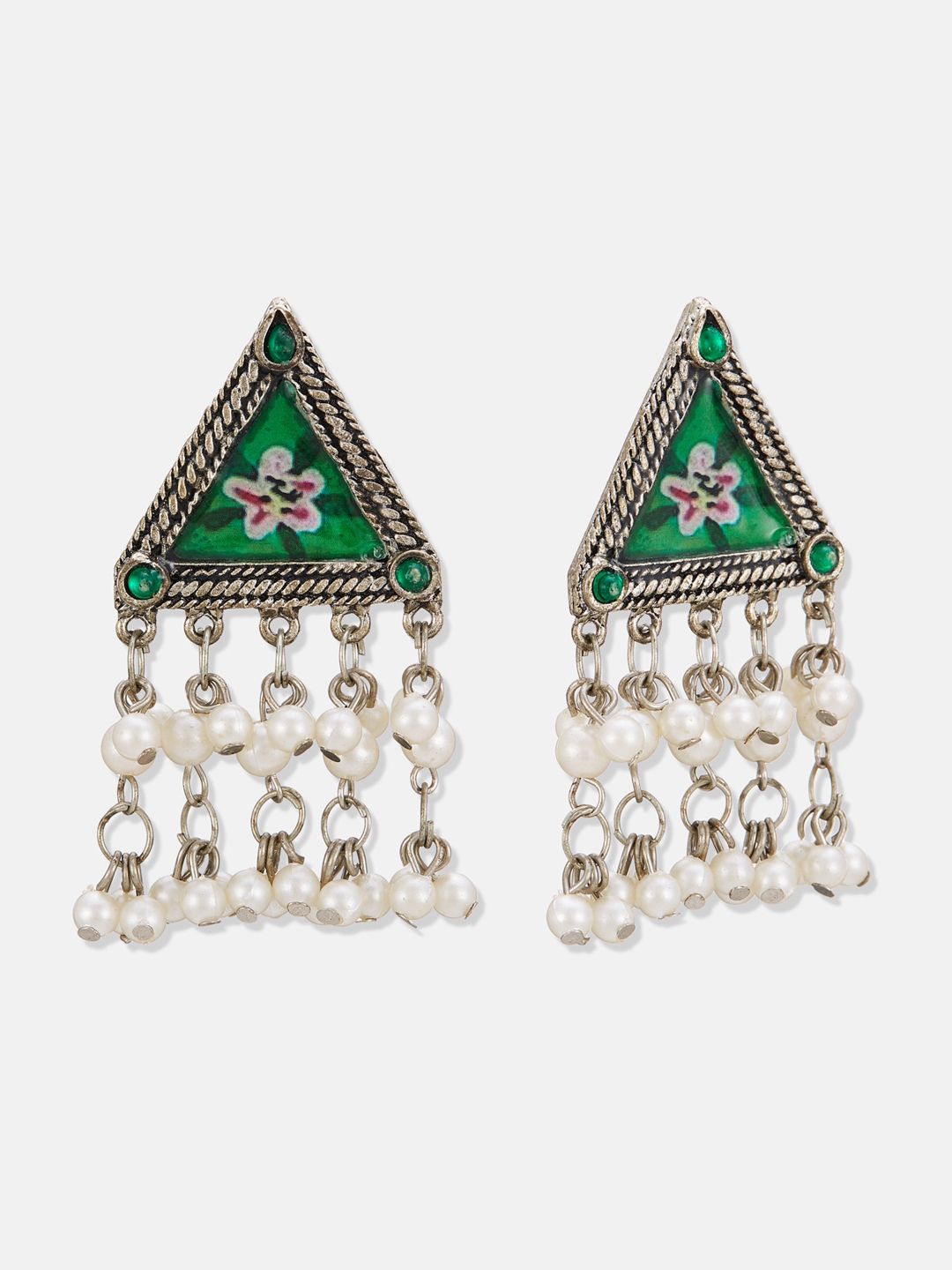 ATIBELLE Silver-Plated Stone-Studded & Pearl Beaded Meenakari Jewellery Set