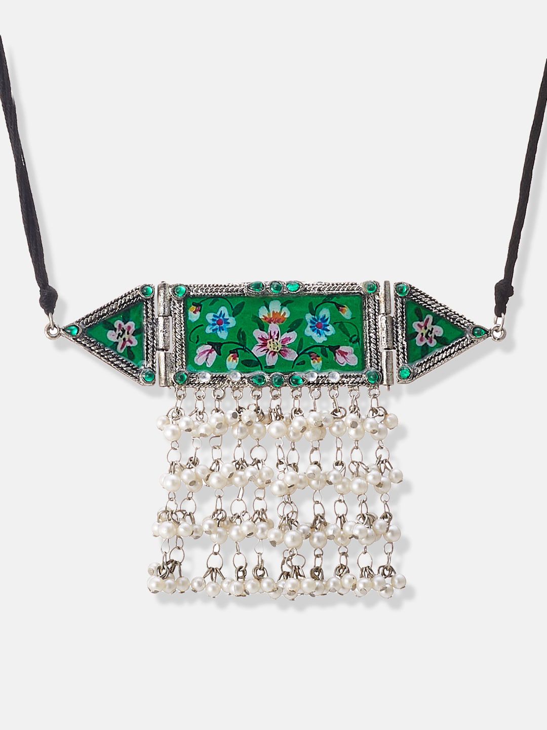 ATIBELLE Silver-Plated Stone-Studded & Pearl Beaded Meenakari Jewellery Set