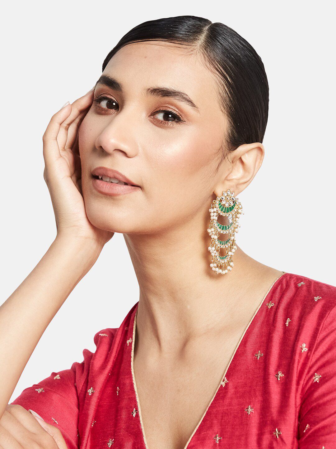 ATIBELLE Green Crescent Shaped Chandbalis Earrings