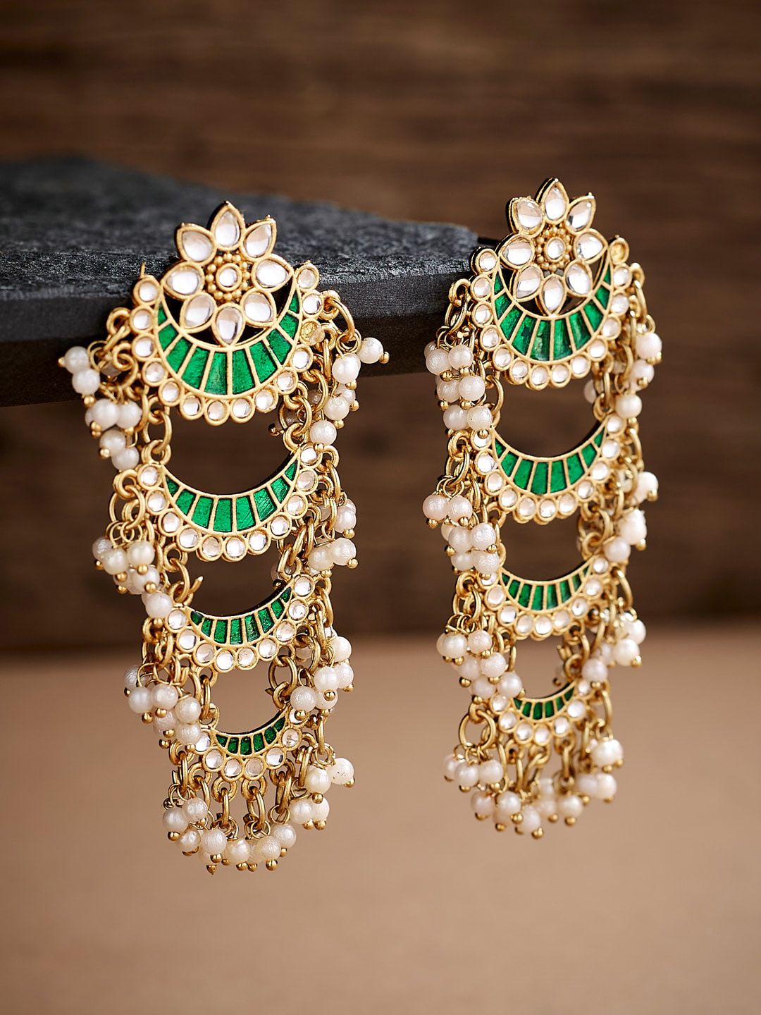 ATIBELLE Green Crescent Shaped Chandbalis Earrings