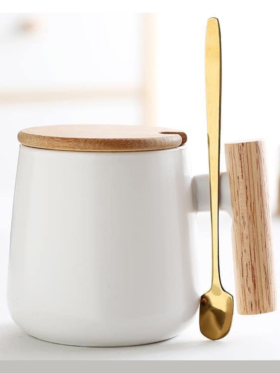 BonZeaL White & Gold-Toned 3D Ceramic Royal Classy Mug With Wood Lid Steel Spoon 385 ml-image-40