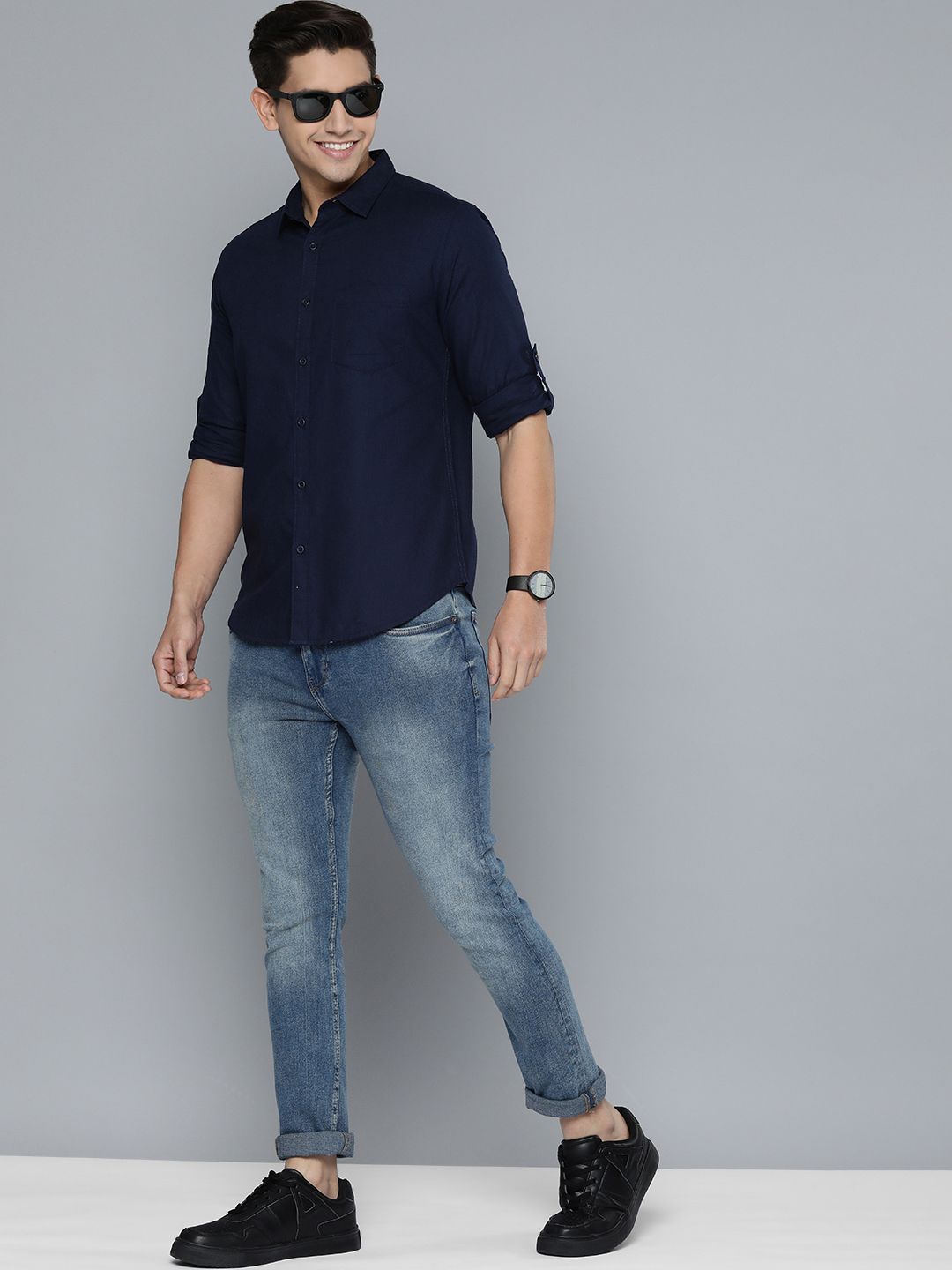 HERE&NOW Men Navy Blue Slim Fit Casual Shirt