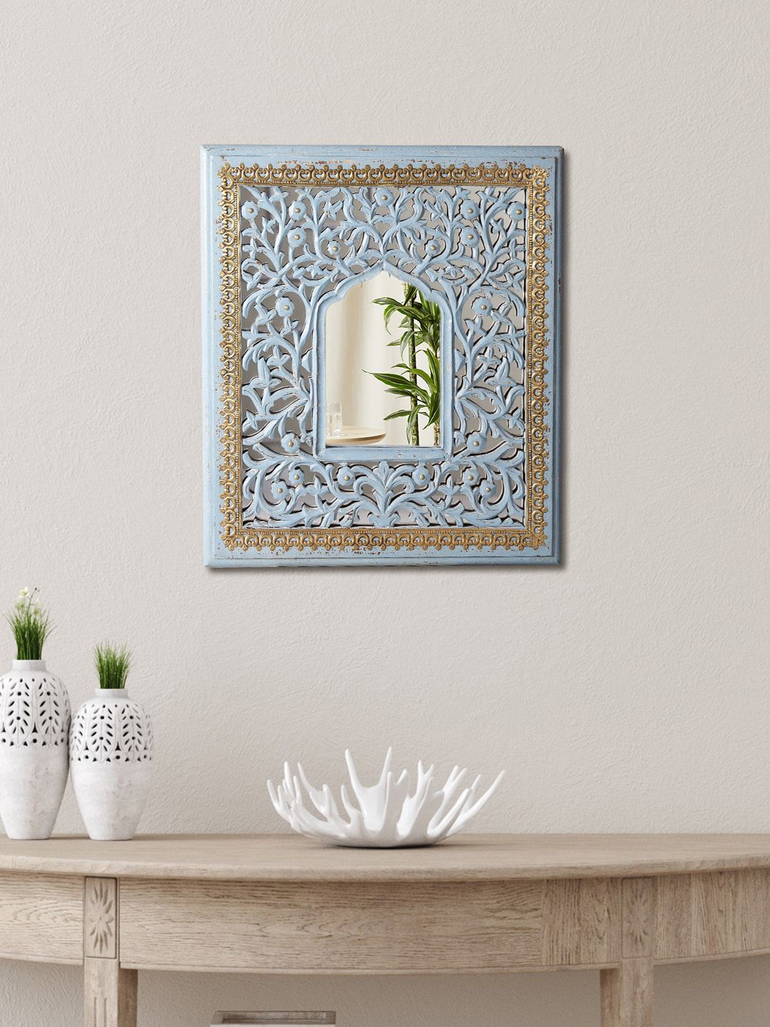 Aapno Rajasthan Blue & Gold-Toned Textured Framed Wall Mirrors-image-41