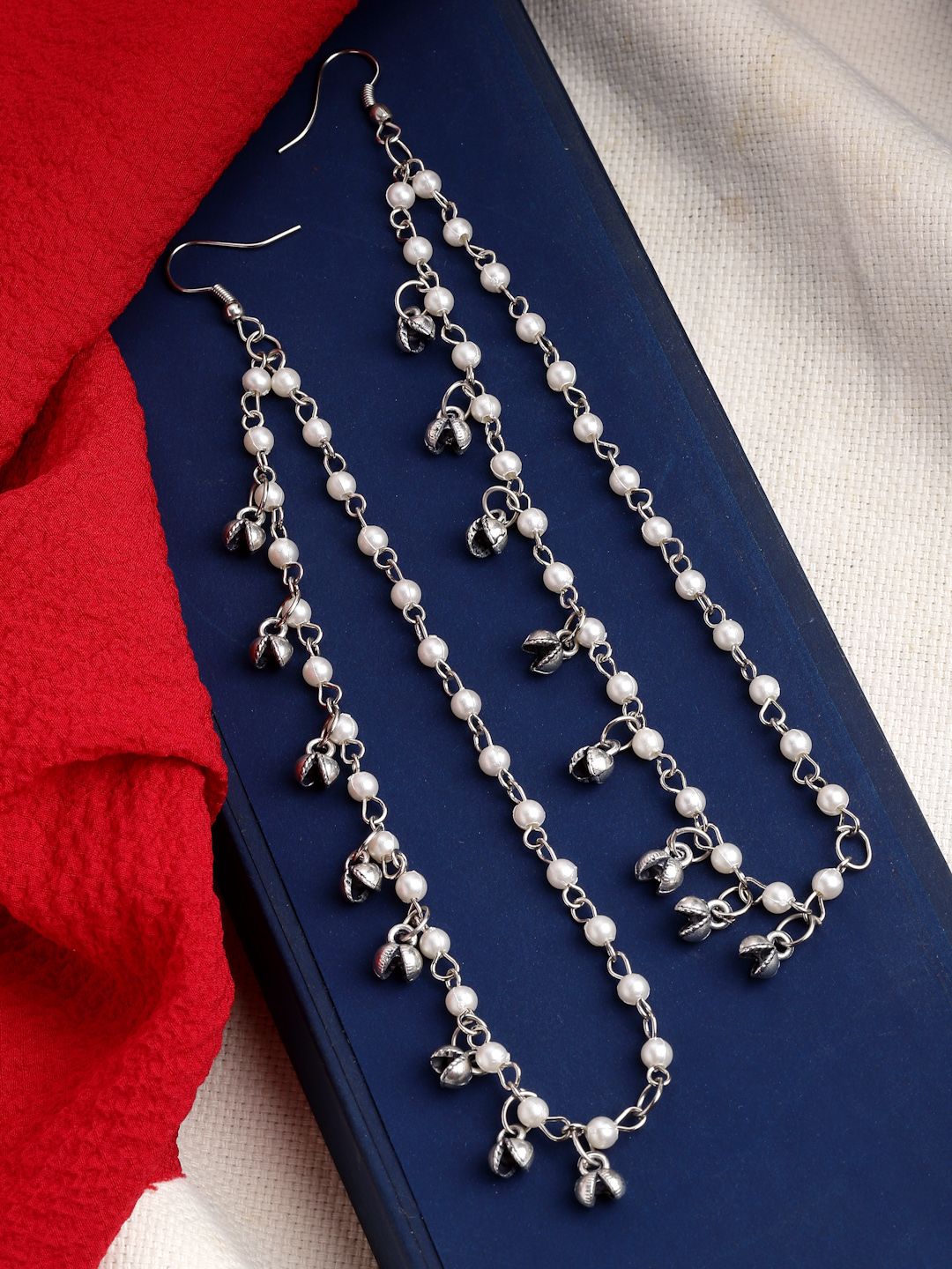 PANASH Oxidised Silver-Plated Ethnic Pearls Ear Chains-picture-37