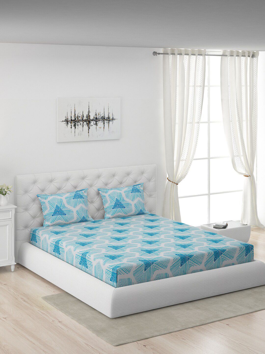 Moca By Monte Carlo Blue & White Geometric 104 TC Queen Bedsheet with 2 Pillow Covers-picture-34