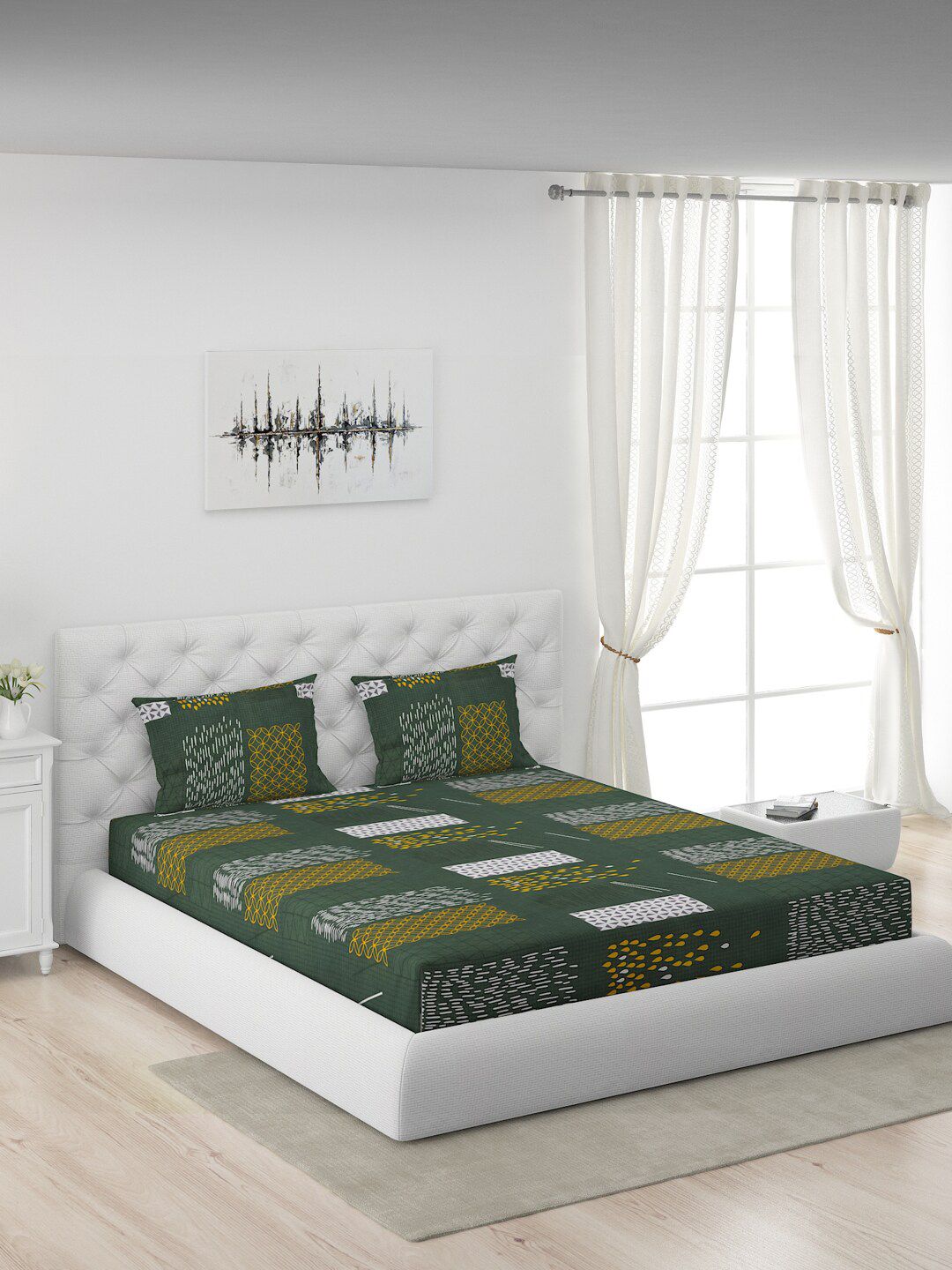 Moca By Monte Carlo Green & White Geometric 104 TC Queen Bedsheet with 2 Pillow Covers-picture-33