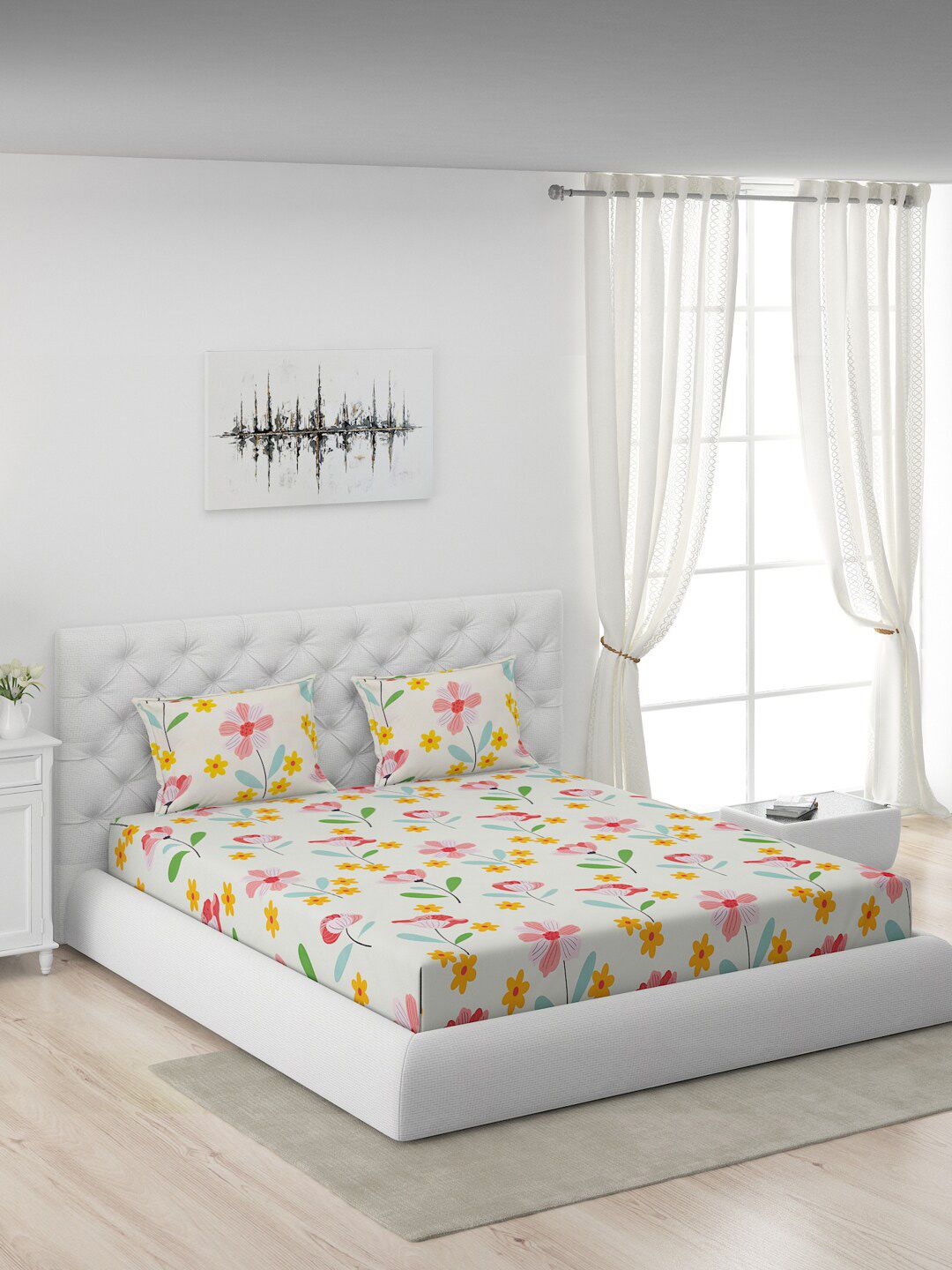 Moca By Monte Carlo White & Pink Floral Printed 104 TC Queen Bedsheet with 2 Pillow Covers-picture-15