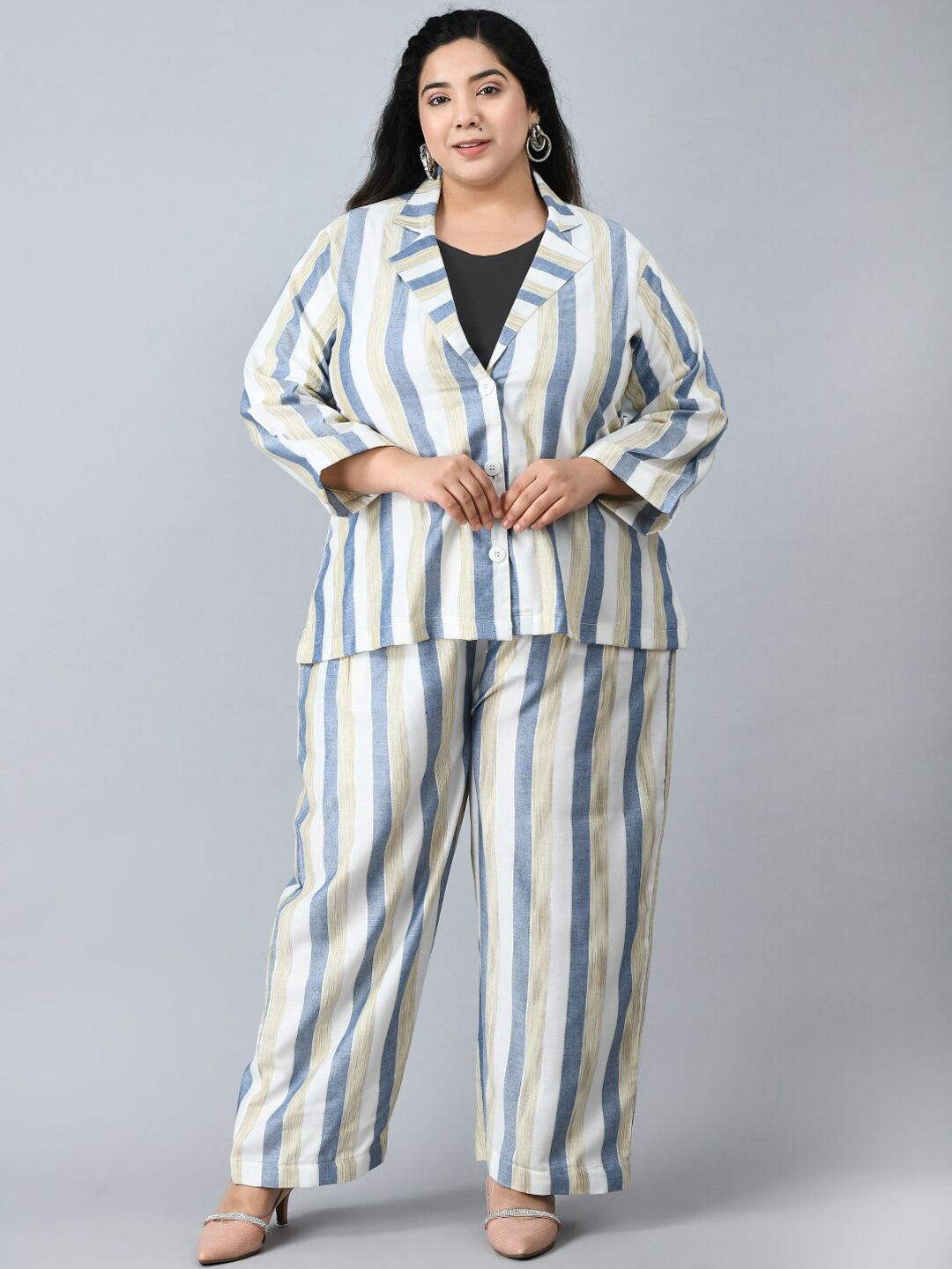 Buy Prettyplus By Desinoor.Com PrettyPlus by Desinoor.com Women Plus Size  Striped Shirt with Trouser Co-ord Set at Redfynd