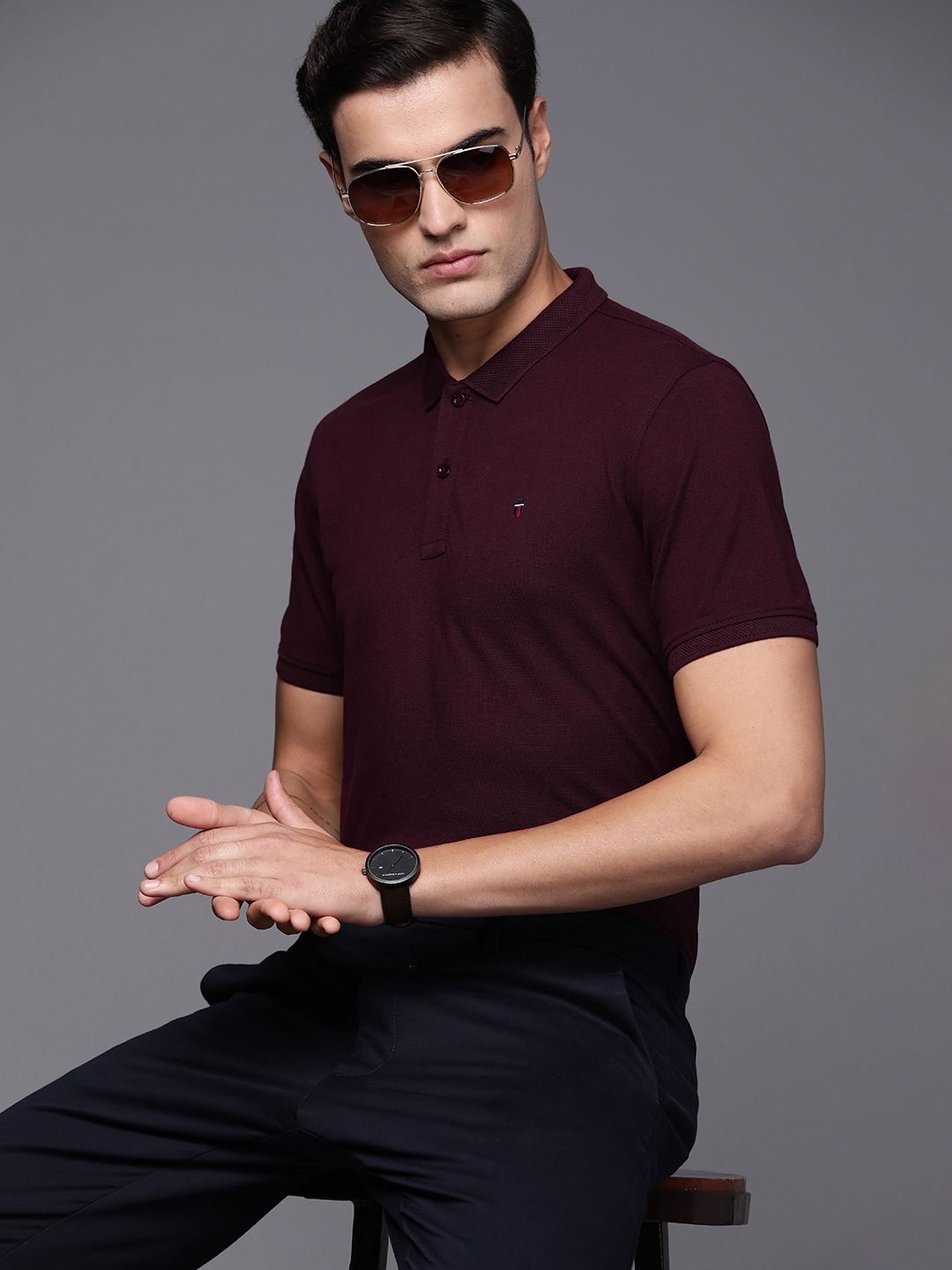 Louis Philippe Sport Solid Knitted Polo Collar T-shirt
