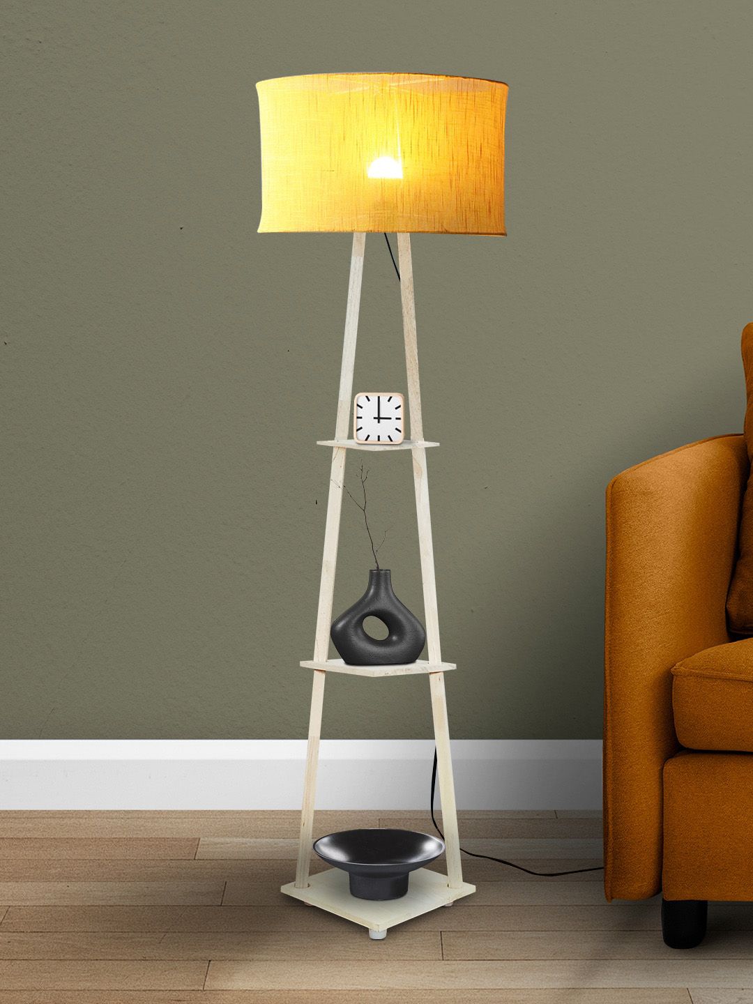 SANDED EDGE Cream & Yellow Wooden Floor Lamp With Cylindrical Shade-image-26