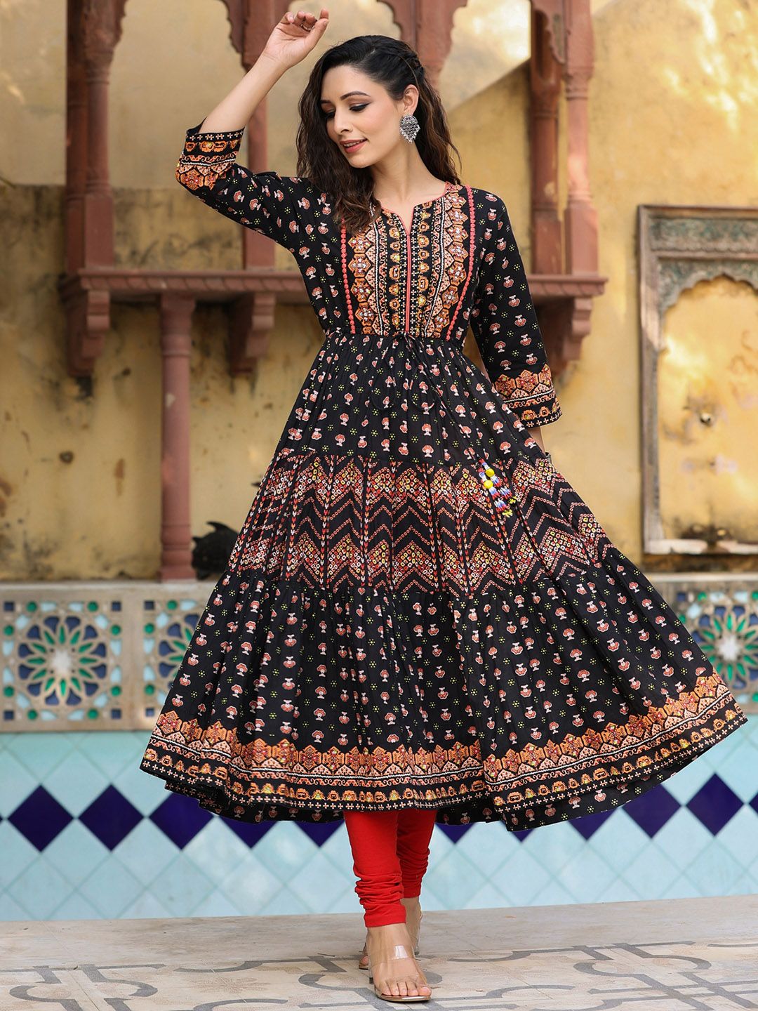 Rain & Rainbow Women Black Ethnic Motifs Printed Mirror Work Anarkali Kurta-picture-20