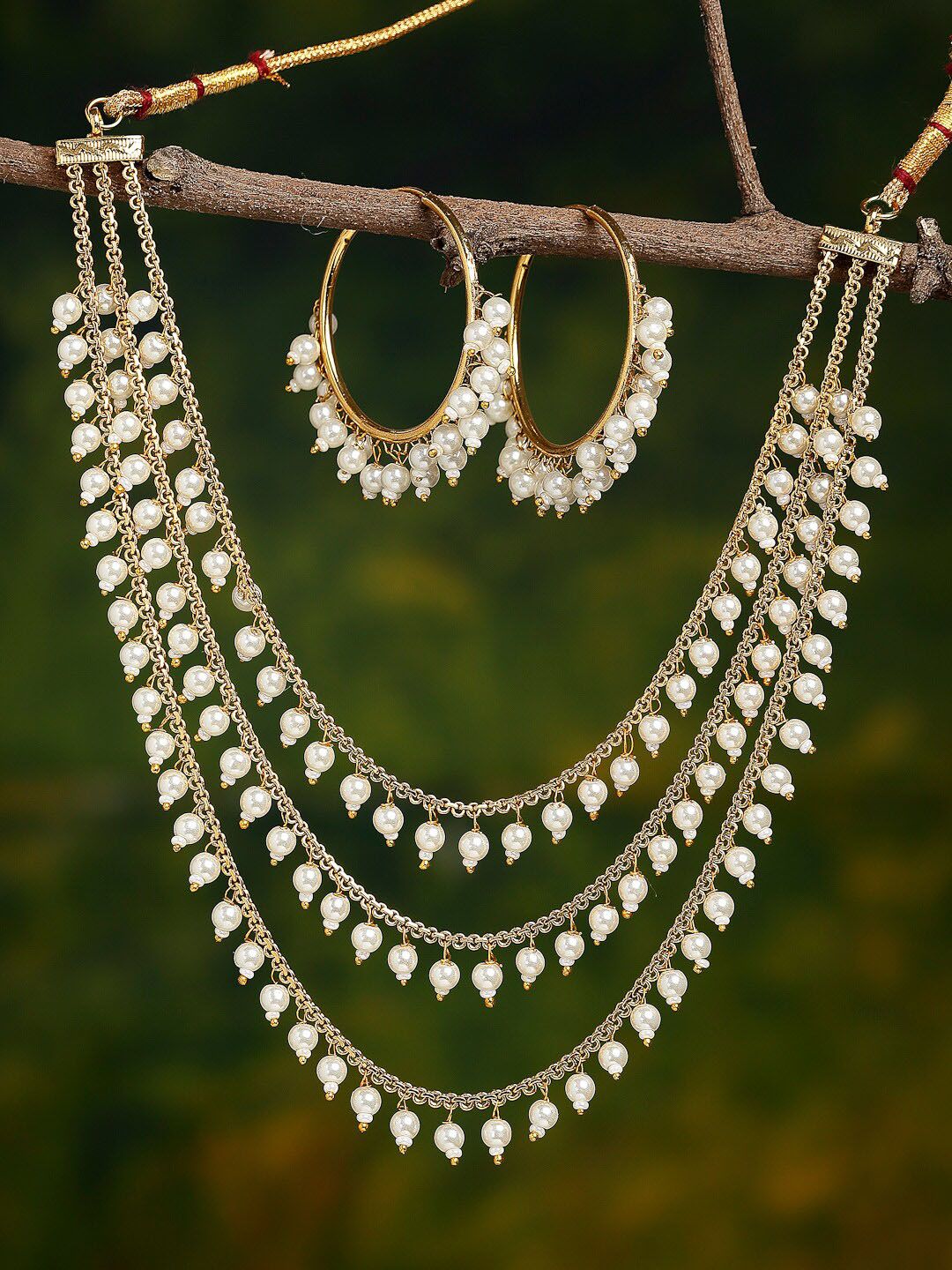 ZENEME Gold-Plated Gold Toned Brass White Pearl Drop 3 Intricate Layered Necklace Jewellery Set-picture-36