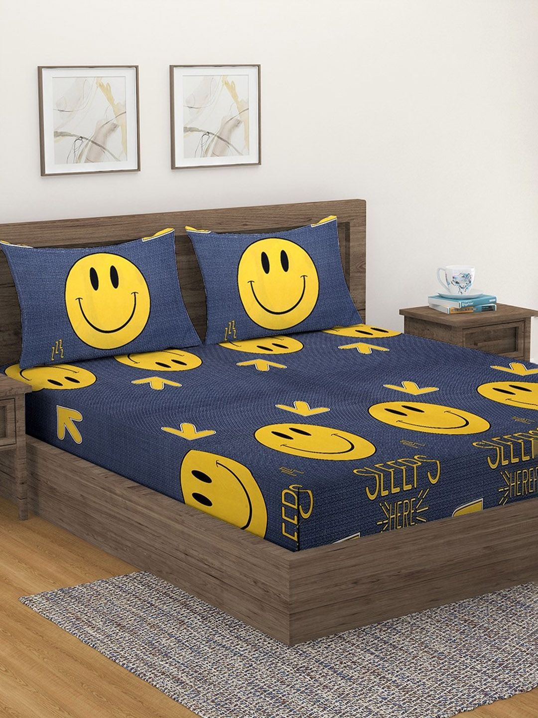 Fashion String Blue & Yellow Conversational 144 TC Queen Bedsheet with 2 Pillow Covers-picture-8