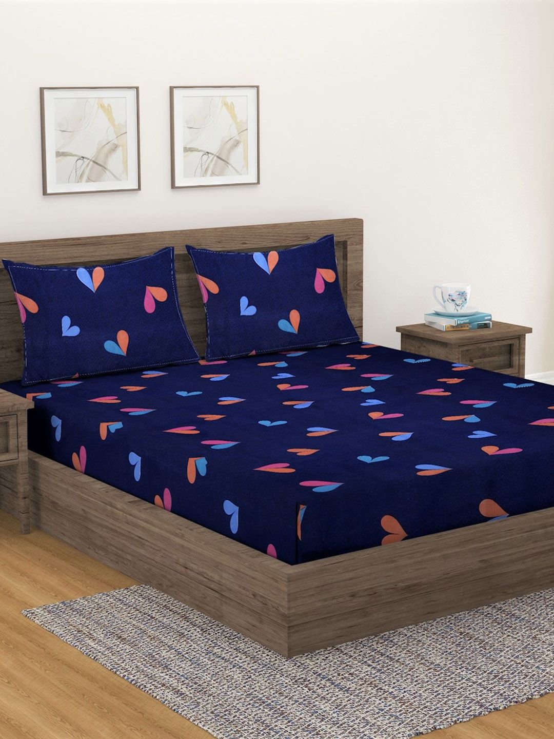 Fashion String Navy Blue & Pink Printed 144 TC Queen Flat Bedsheet with 2 Pillow Covers-image-11