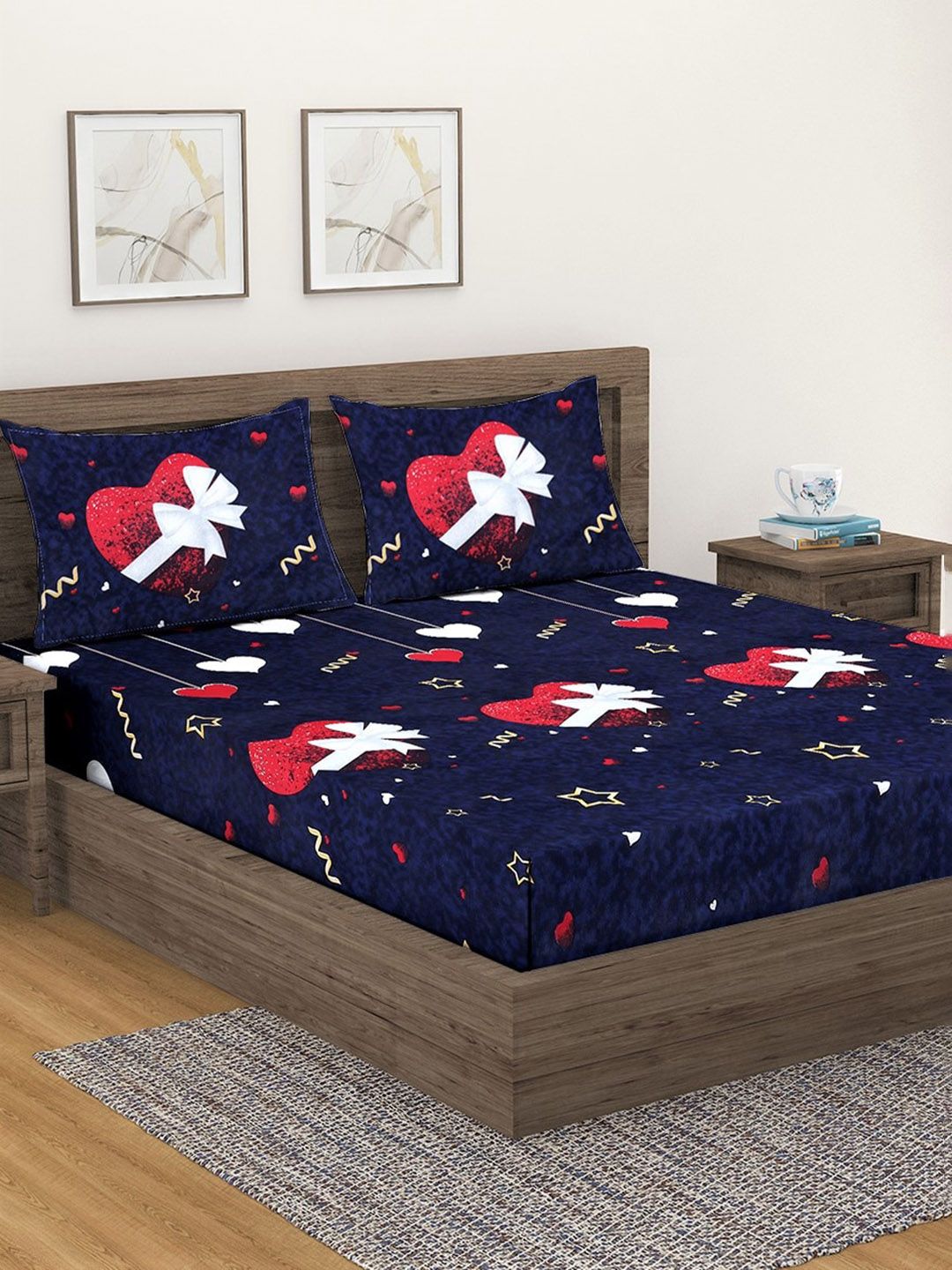 Fashion String Navy Blue & White Printed 144 TC Queen Flat Bedsheet with 2 Pillow Covers-image-37
