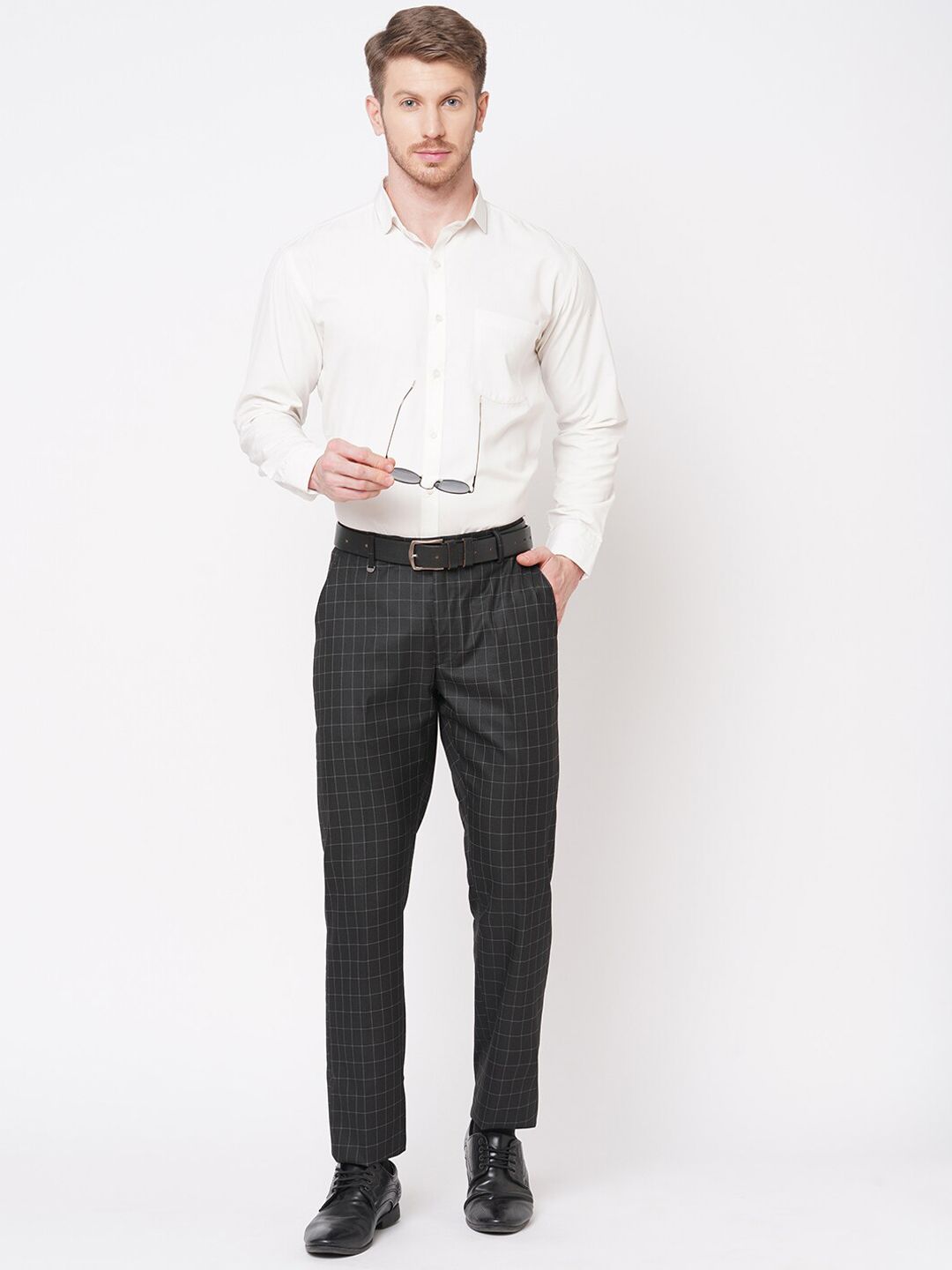 Buy Solemio Men Checked Original Slim Fit Easy Wash Formal Trousers ...