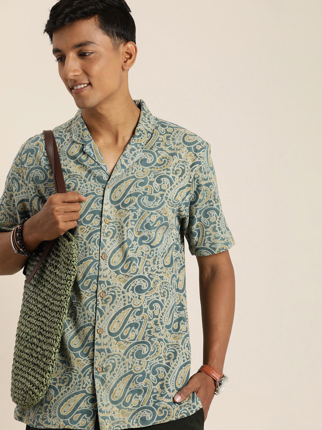 Taavi Ethnic Motifs Printed Indigo Pure Cotton Casual Shirt