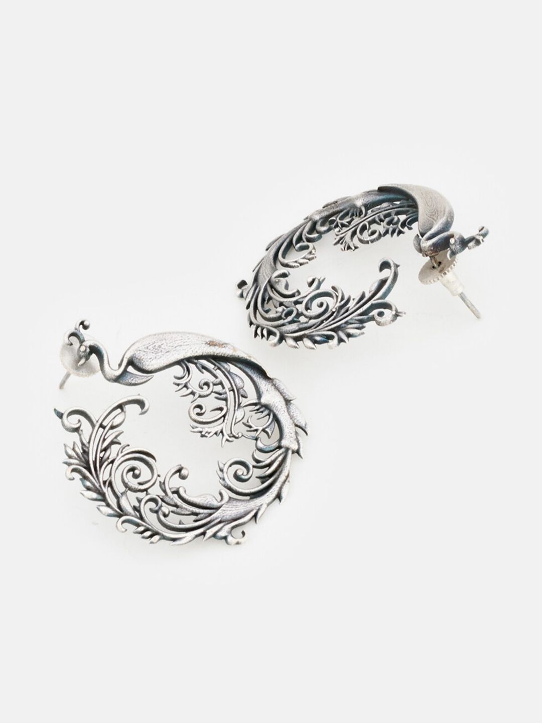 ATIBELLE Silver-Plated Oxidised Peacock Shaped Half Hoop Earrings