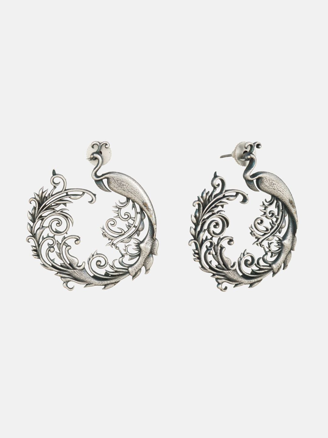 ATIBELLE Silver-Plated Oxidised Peacock Shaped Half Hoop Earrings