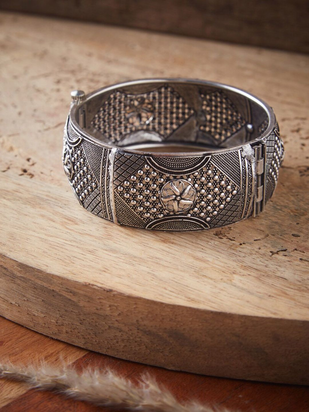 ATIBELLE Oxidised Silver-Plated German Silver Textured Intricate Kada Bangle