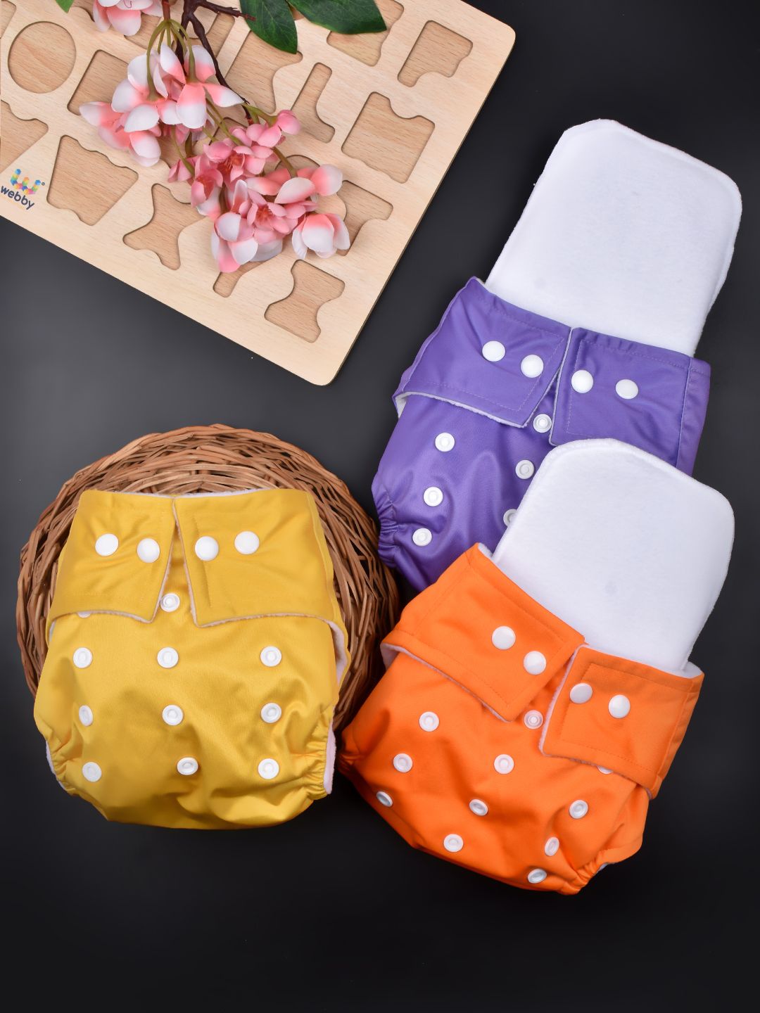Moms Home Infants Set Of 3 Adjustable & Reusable Cotton Pocket Diapers With 3 Inserts-picture-26