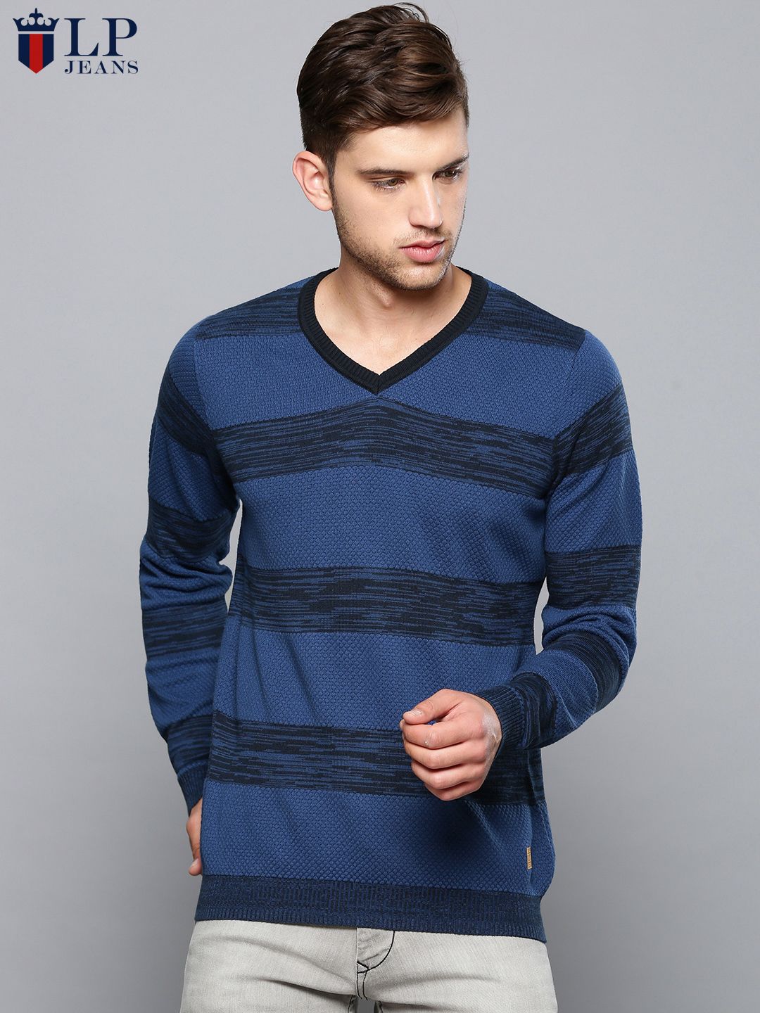 Louis Philippe Jeans Men Navy Blue Striped Sweater Vest-image-9