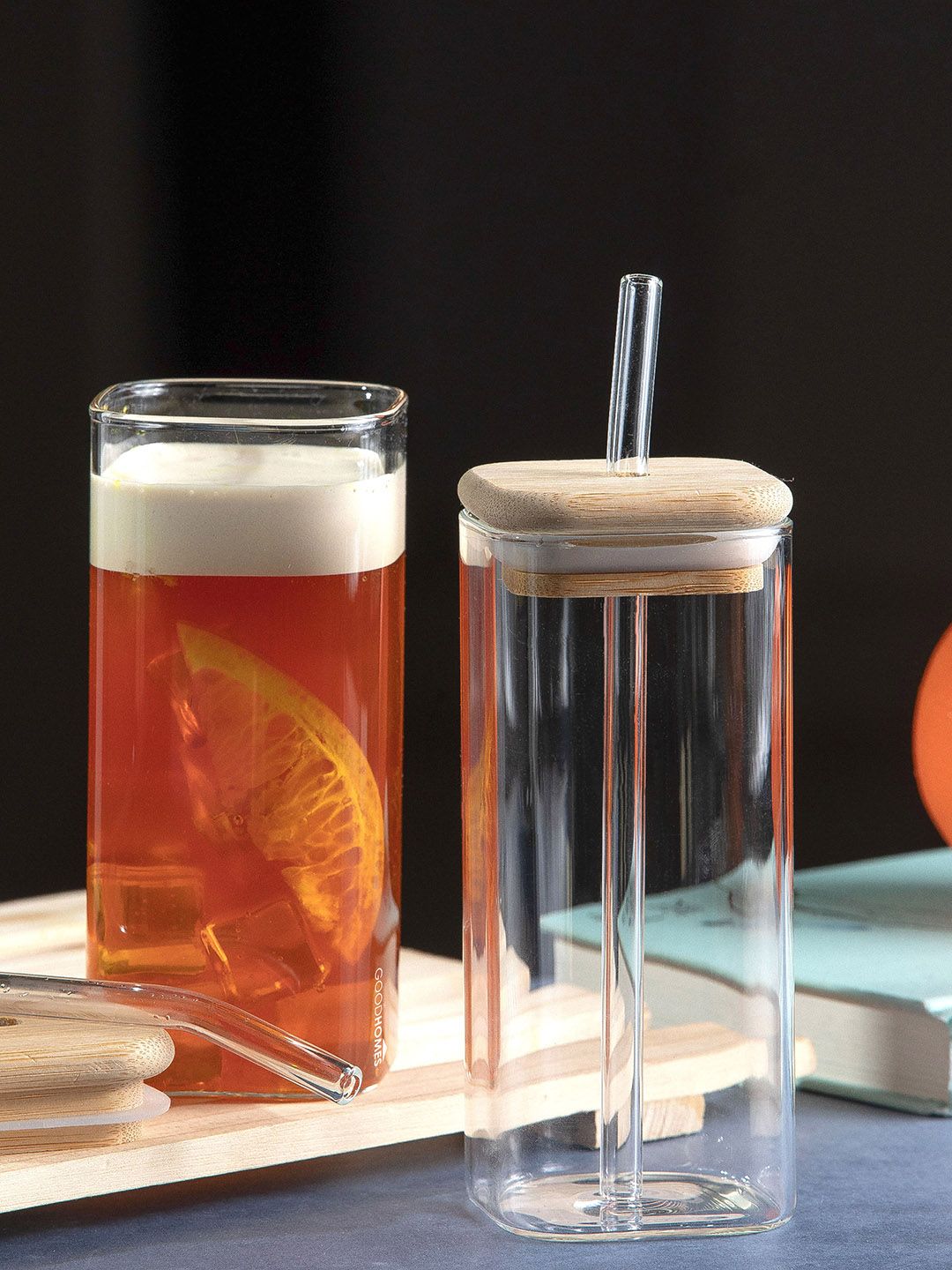 GOODHOMES Set Of 4 Transparent Borosilicate Tumbler Glass With Wooden Lid & Straw 385ml-picture-17