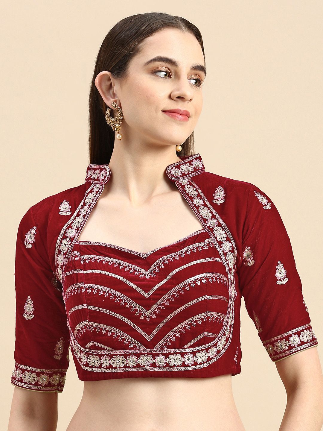 flaher Women Maroon & Gld-Toned Embroidered Velvet Saree Blouse-picture-10