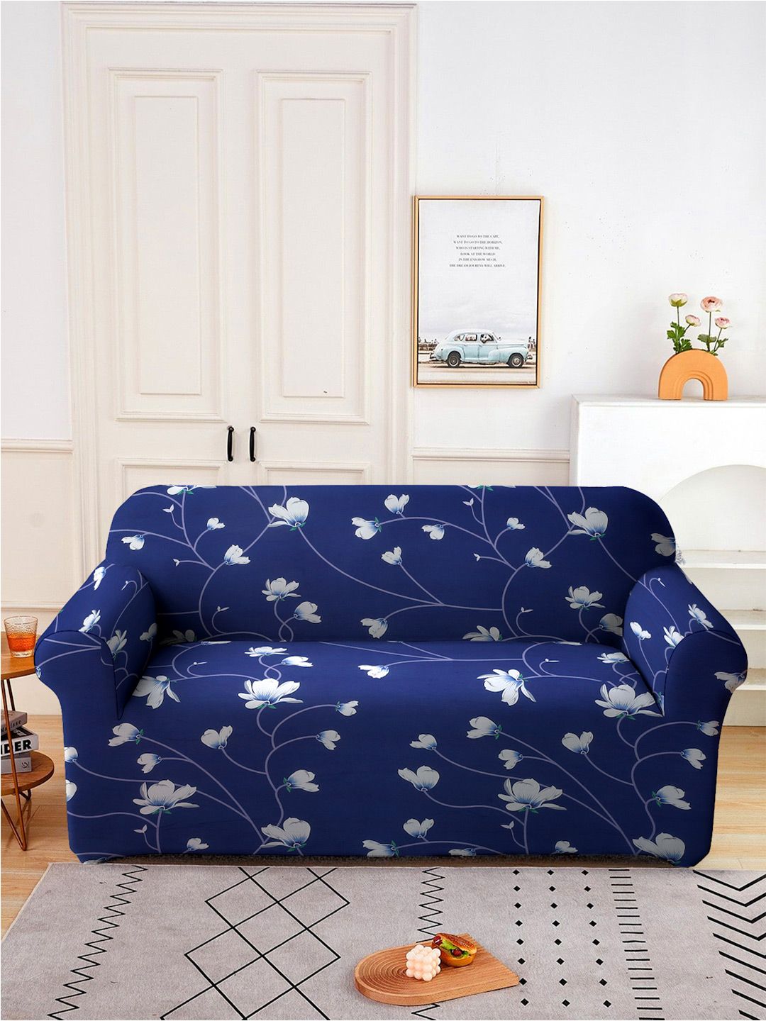 Cortina Blue & White  Floral Printed 2-Seater Sofa Cover-image-37